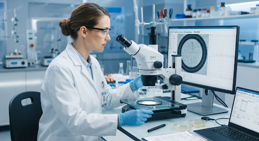 Researcher examining a rubber seal under a laboratory microscope