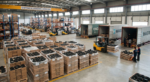 Organized export warehouse with finished industrial rubber products