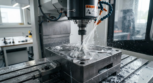 CNC machining a precision metal mold with coolant