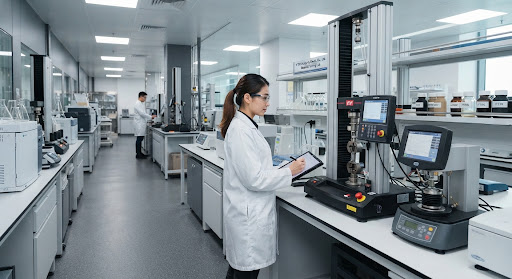 Technician operating material testing equipment in a clean laboratory