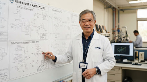 Senior materials engineer reviewing technical drawings