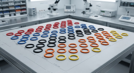 Custom engineered O-rings arranged by color and compound in a technical laboratory