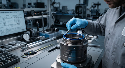 Engineer fitting a custom blue seal into a precision metal assembly