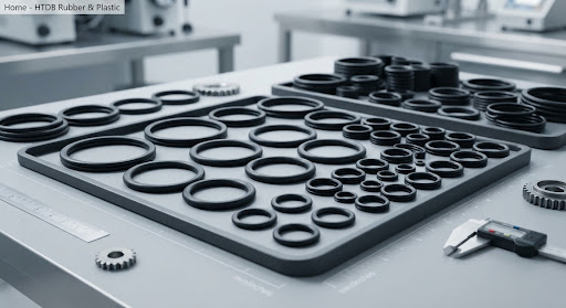 Black rubber seals in a precision production line