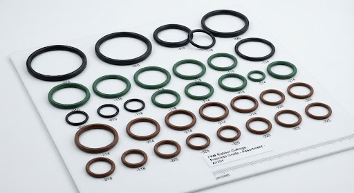 FKM O-rings arranged by size on a technical measurement chart