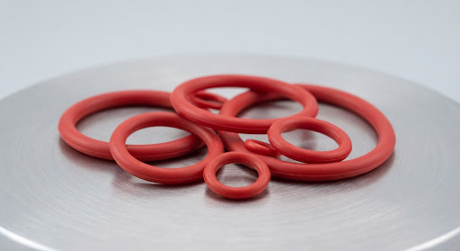 Red silicone rubber O-rings on a clean machined surface