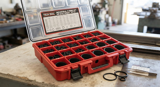 Red organizer case filled with black O-rings
