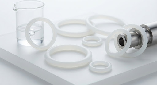 White translucent EPDM sealing rings beside a precision fitting