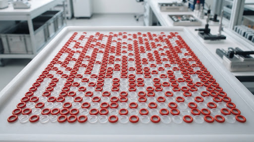 Rows of red silicone rubber O-rings in a clean production tray
