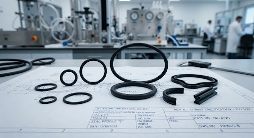 O-rings arranged over a technical drawing in a test laboratory