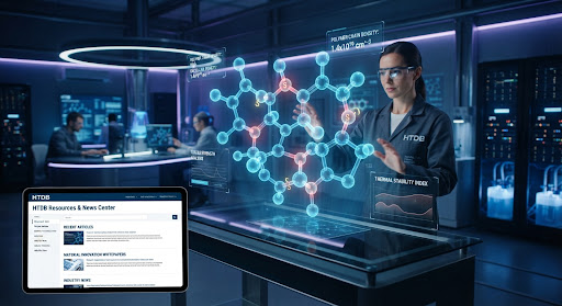 Engineer reviewing molecular material data in a digital lab