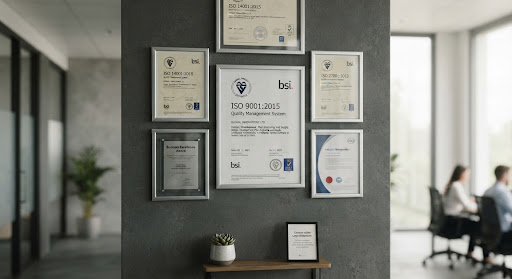 Quality certificates displayed in an office
