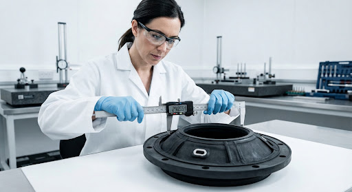 Quality engineer measuring a molded rubber sealing component
